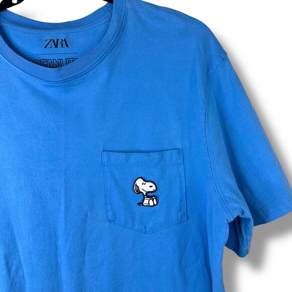 Zara Snoopy Peanuts Blue Cotton Crewneck Short Sleeve Boxy T-Shirt Medium - Picture 2 of 5
